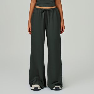 Women's Dark Green Drawstring Wide Leg Yoga Pants