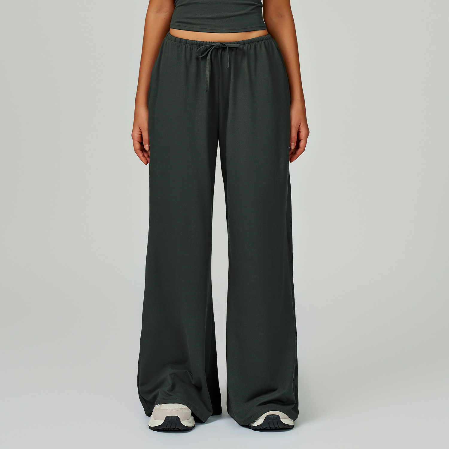 Women's Dark Green Drawstring Wide Leg Yoga Pants