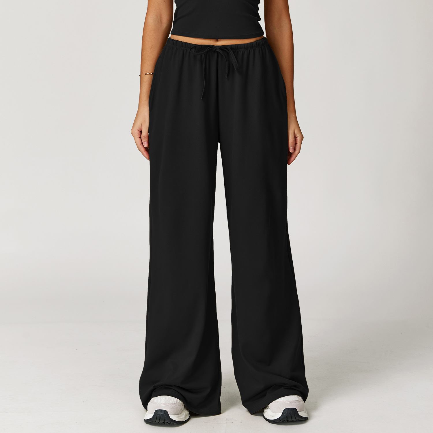 Women's Black Drawstring Wide Leg Yoga Pants