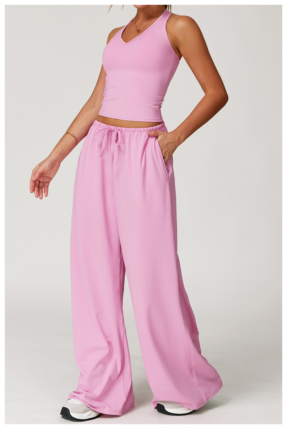 Women's Light Gray Drawstring Wide Leg Yoga Pants - 图片 6