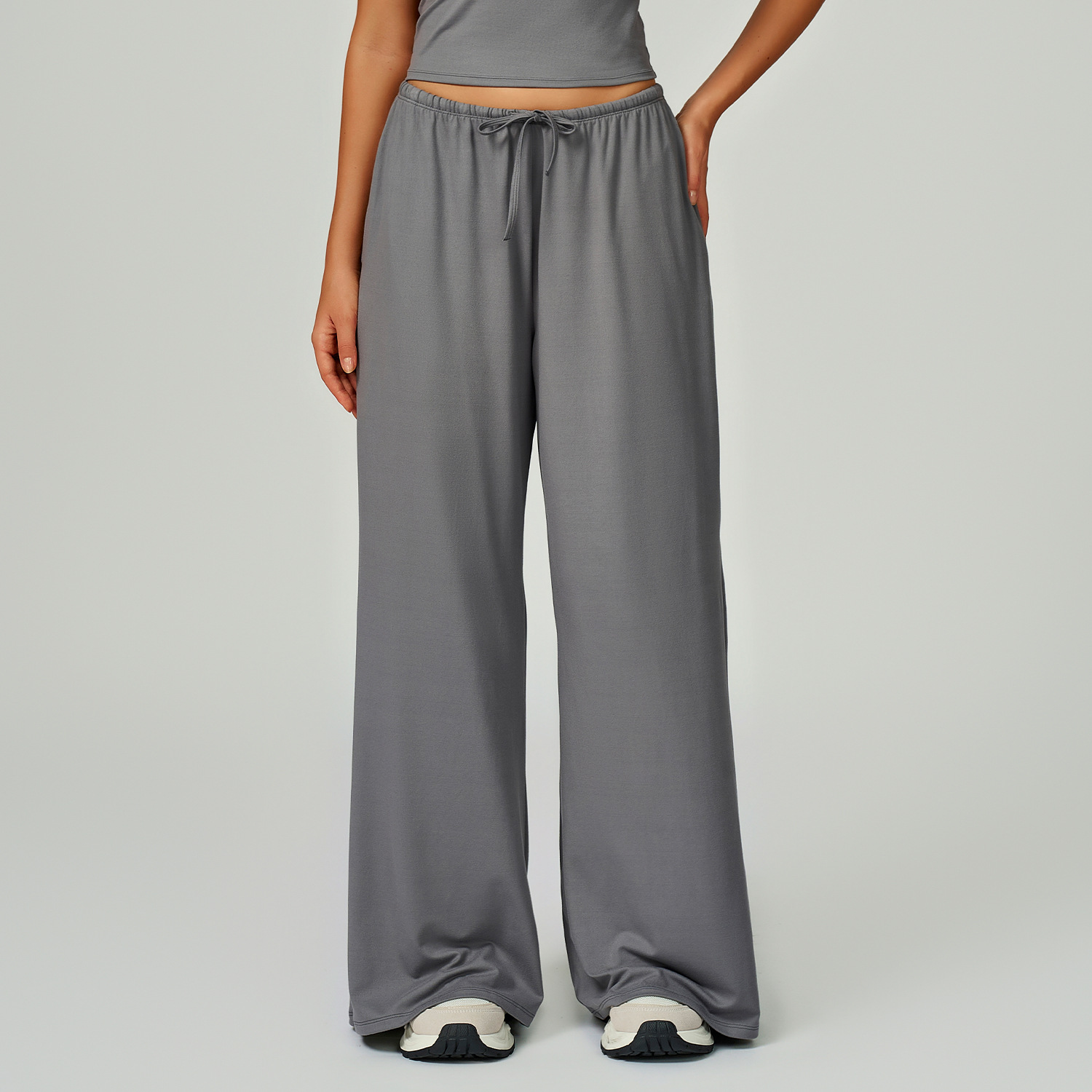 Women's Light Gray Drawstring Wide Leg Yoga Pants