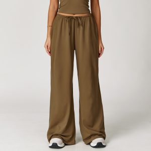 Women's Coffee Brown Drawstring Wide Leg Yoga Pants
