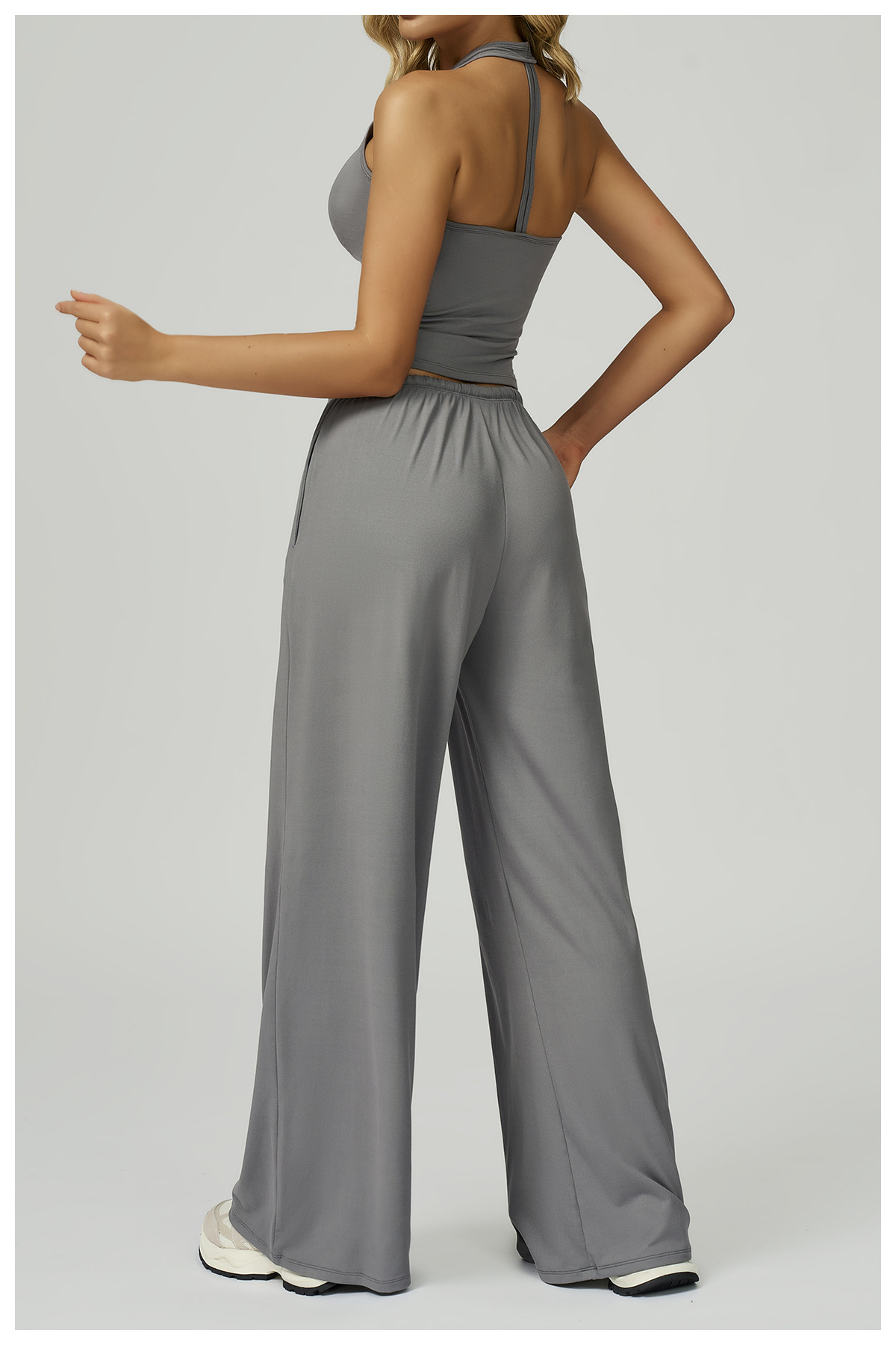 Women's Light Gray Drawstring Wide Leg Yoga Pants - 图片 7