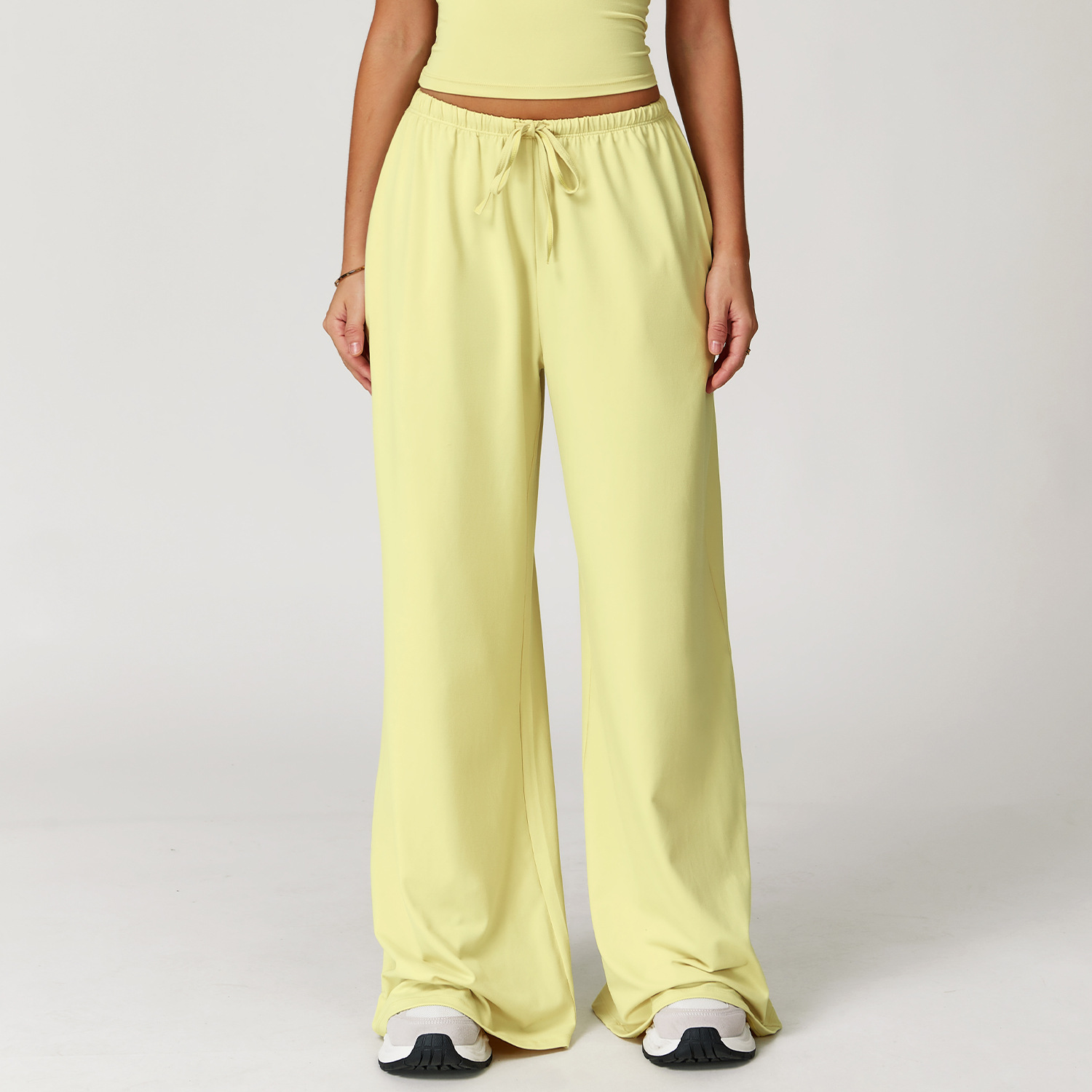 Women's Light Yellow Drawstring Wide Leg Yoga Pants